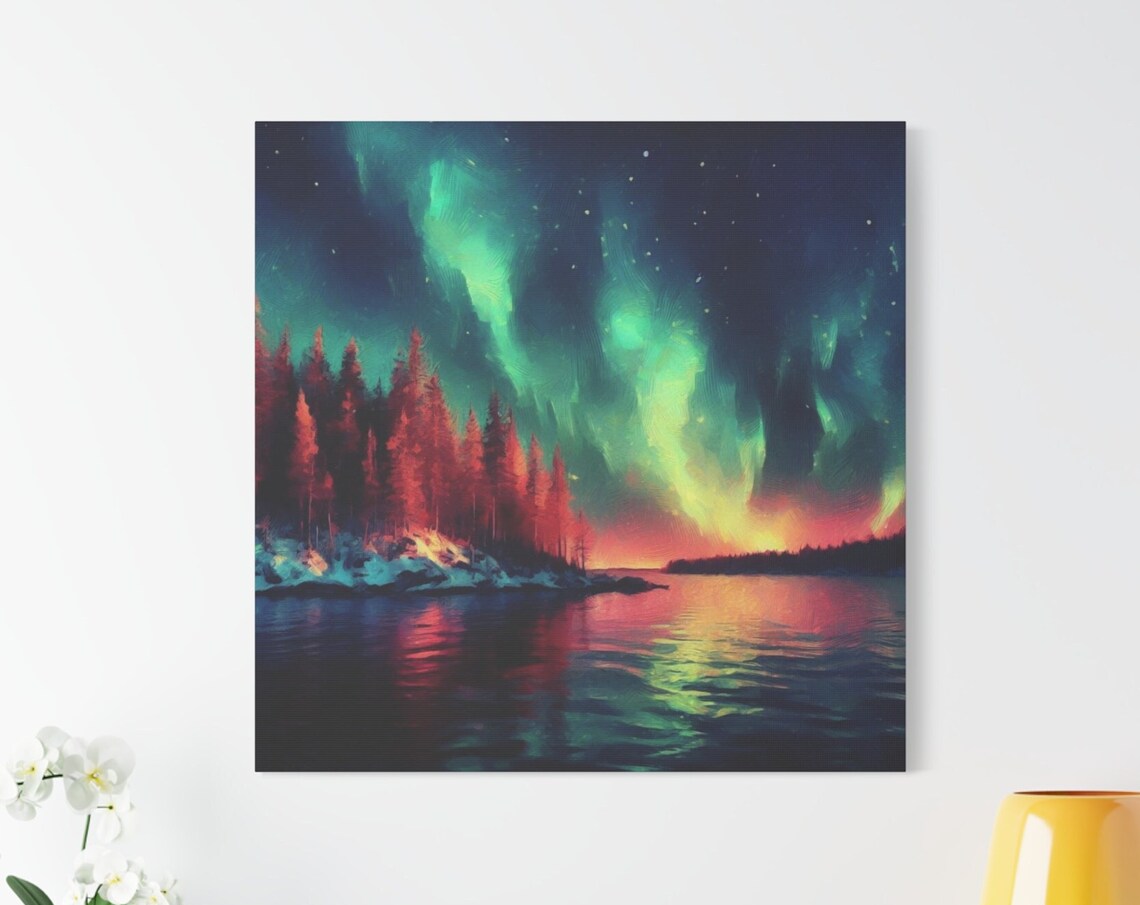Northern Lights Landscape Art Aurora Sky Print Aurora Borealis Forest Wall Art Nature Wall Decor Stretched 125
