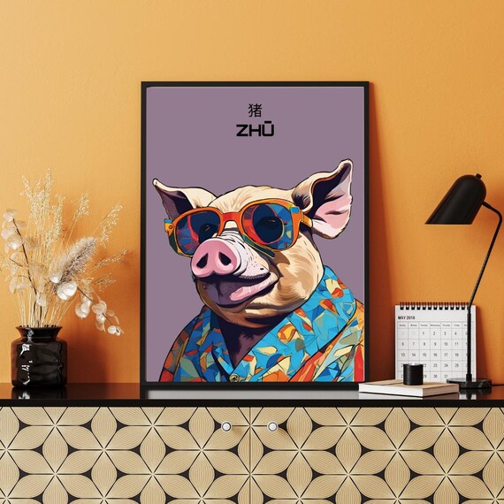 Picasso Inspired Pig Chinese Zodiac Colorful Pop Art Animal Poster