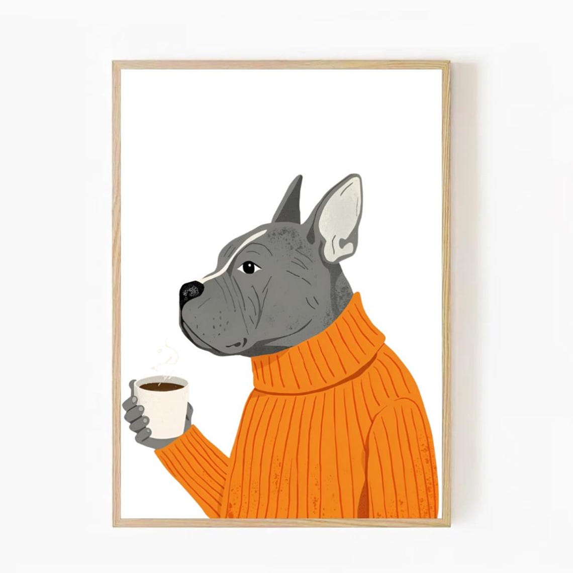 French Bulldog In Orange Sweater Holding Coffee Cute Pet Poster
