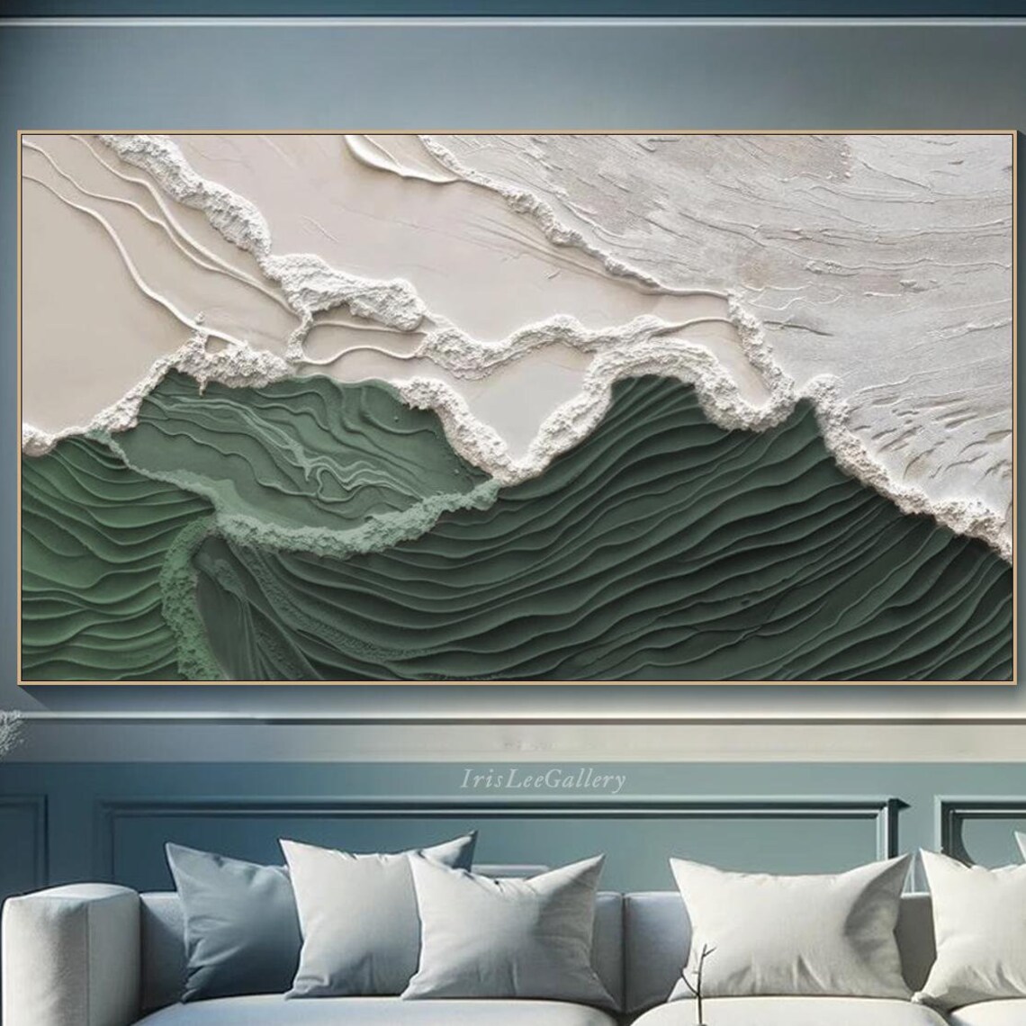 Grey White Green Layered Waves Abstract Sculpted Neutral Art Poster