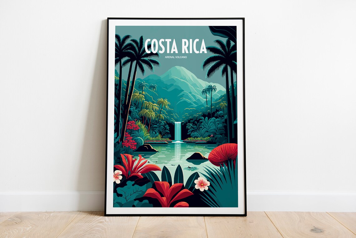 Costa Rica Waterfall Travel Poster, Arenal Volcano