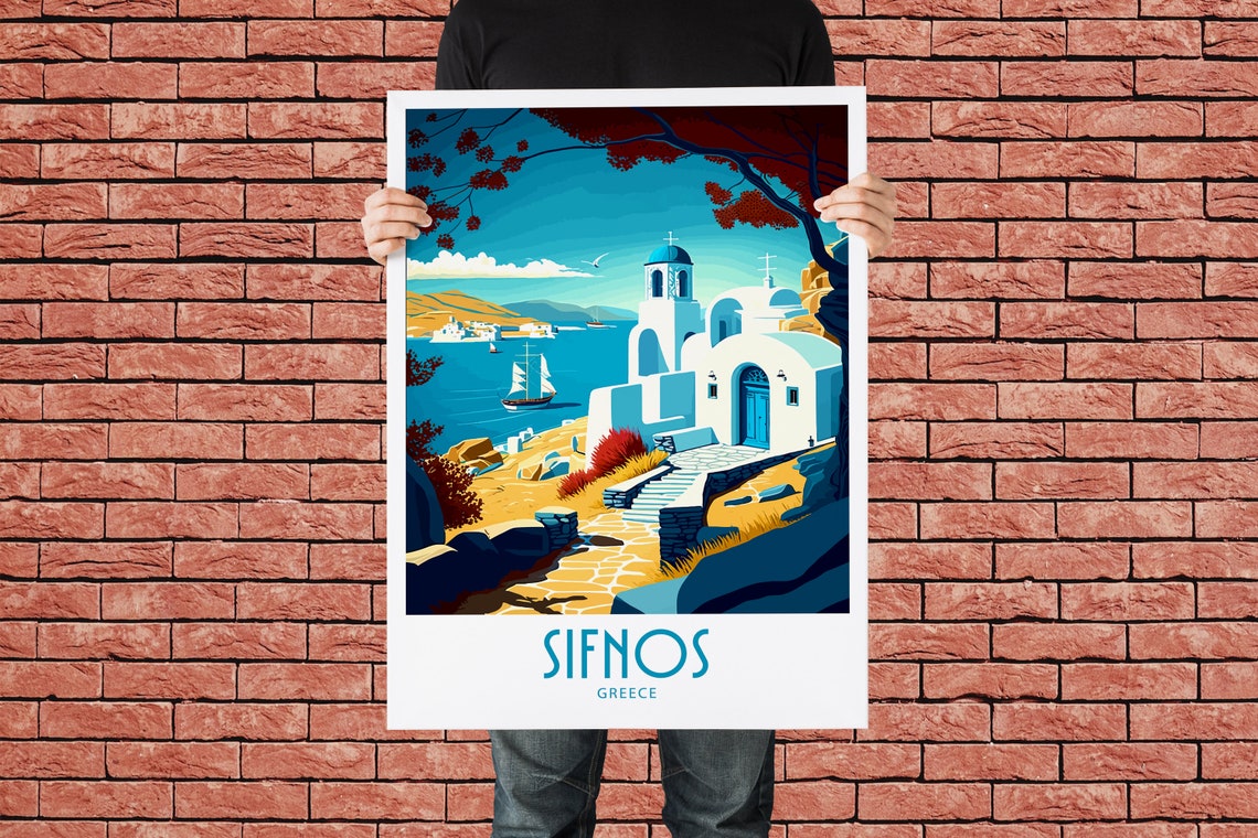 Vintage Sifnos Greece Travel Poster Whitewashed Chapel Coast Art - Image 2
