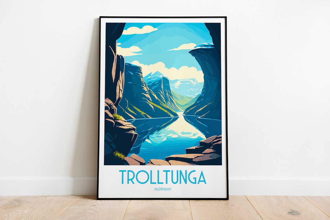 Trolltunga Norway Rock Ledge Mirrored Fjord Peaks Travel Poster