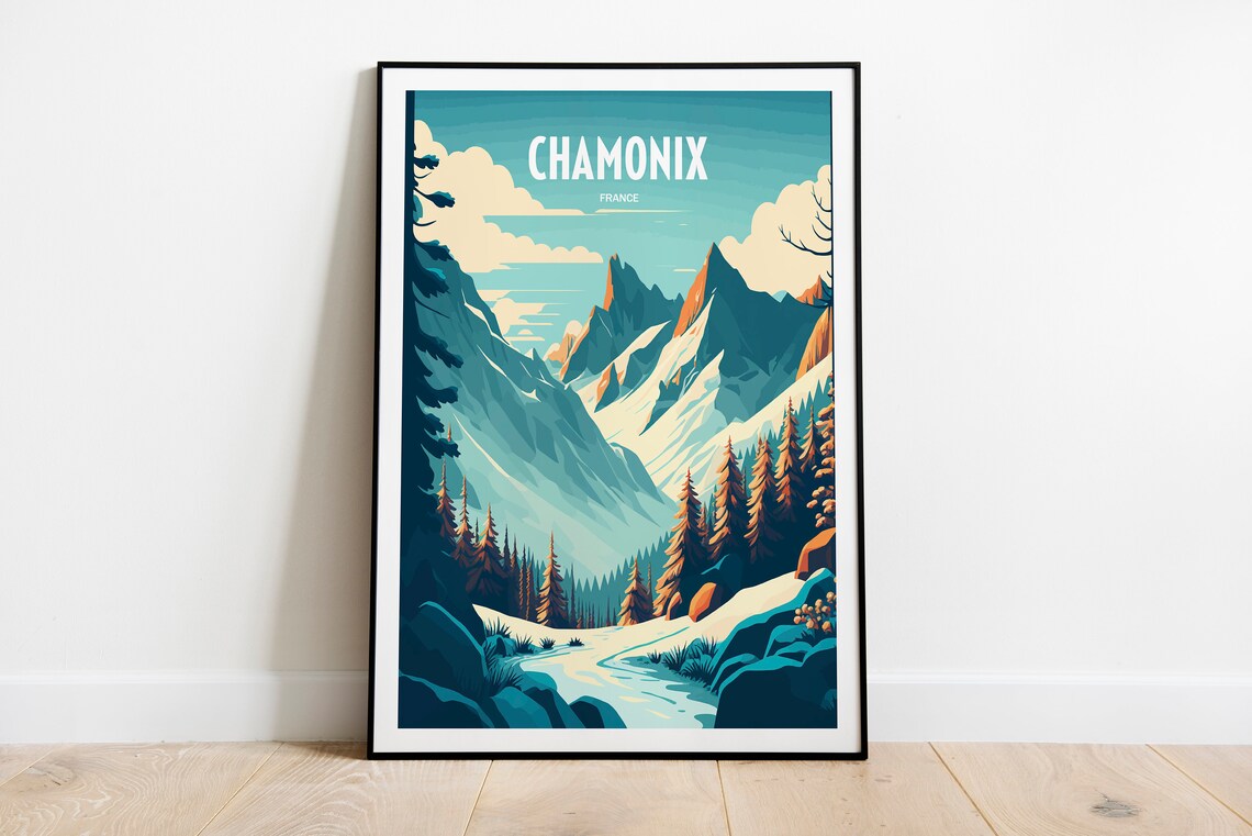 Chamonix Travel Poster, Skiing Mountain Peak