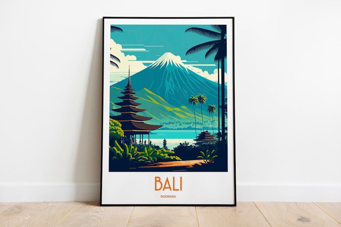 Bali Indonesia Temple Volcano Tropical Vintage Travel Art Poster