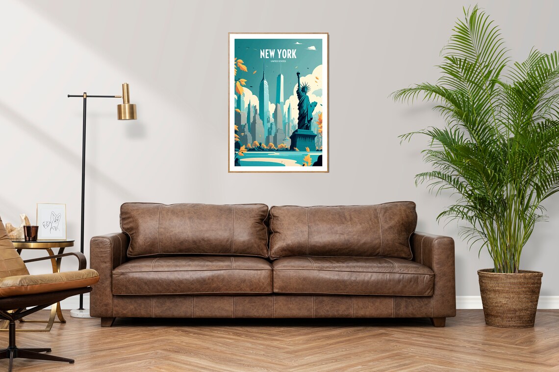 New York Statue Of Liberty Skyline Autumn Vintage Travel Poster - Image 3