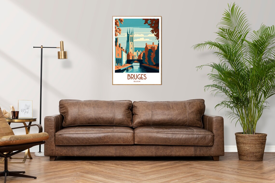 Bruges Belgium Canal Church Tower Bridge Vintage Travel Art Poster - Image 2
