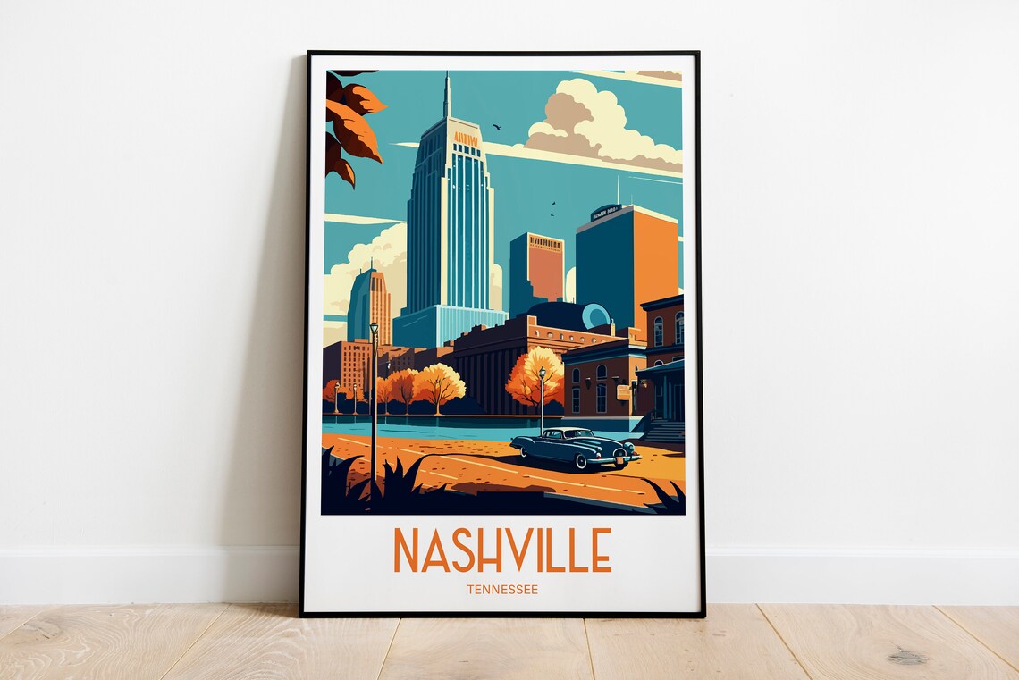 Nashville Tennessee Skyline Classic Car Vintage Travel Poster