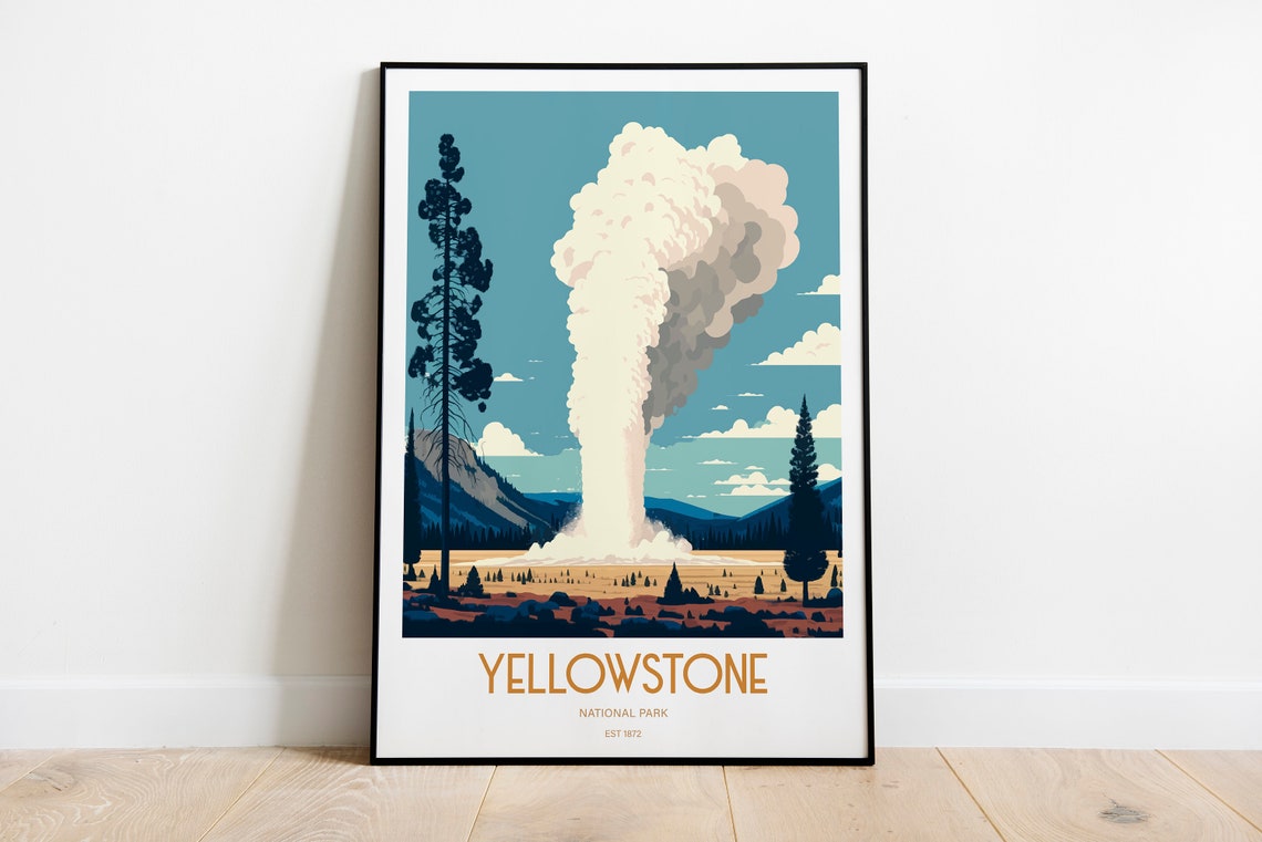 Yellowstone National Park Erupting Geyser Vintage Travel Poster