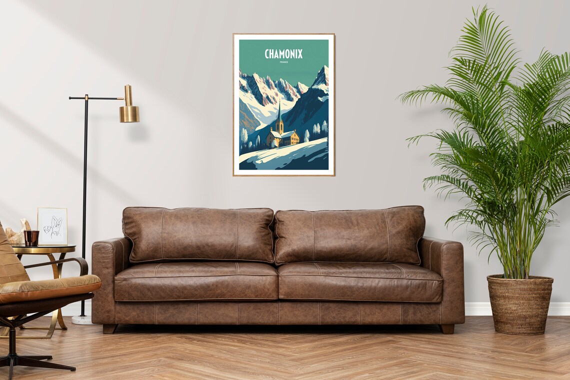 Chamonix France Snow Peaks Village Church Vintage Travel Poster - Image 2