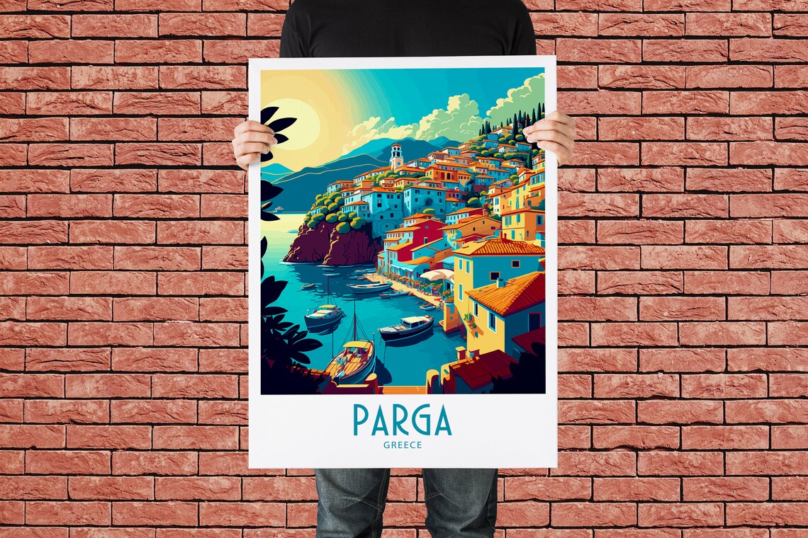 Vintage Parga Greece Travel Poster Hillside Harbor Boats Art - Image 2