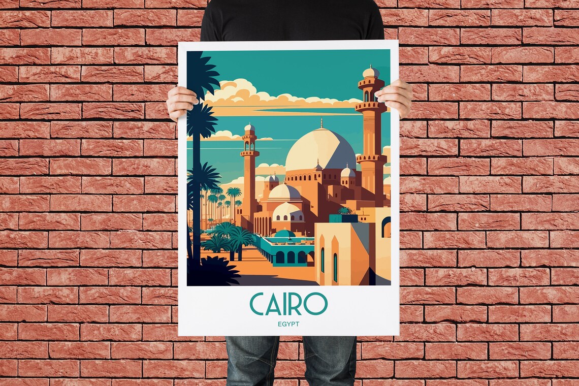 Cairo Egypt Mosque Domes Minarets Palm Trees Vintage Travel Poster - Image 3
