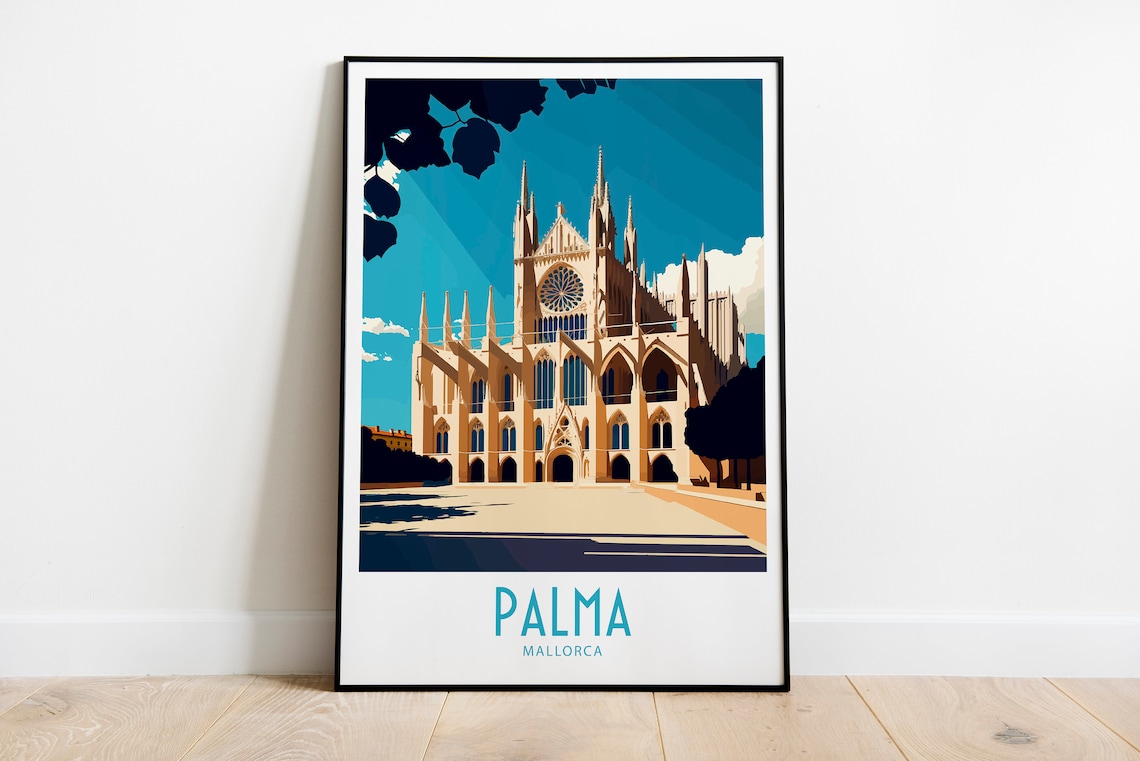 Palma Mallorca Gothic Cathedral Facade Retro Travel Art Poster