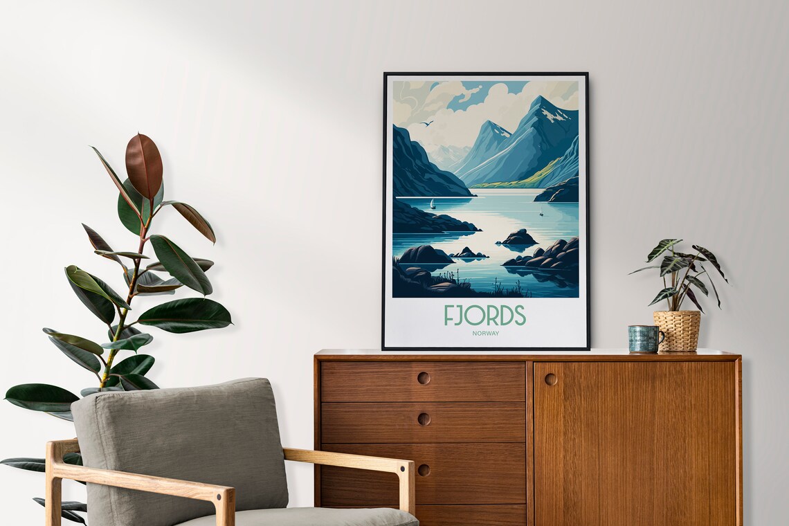 Norwegian Fjords Serene Mountain Waters Retro Travel Art Poster - Image 3