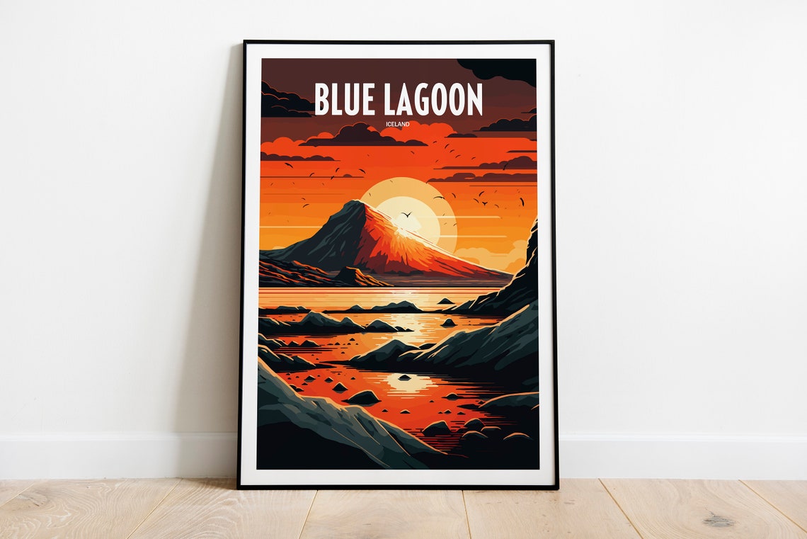 Blue Lagoon Iceland Sunset Volcano Seascape Vintage Travel Poster
