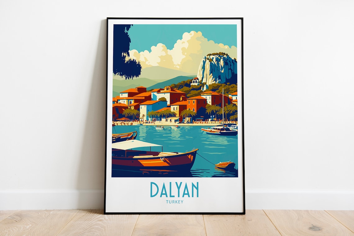 Dalyan Turkey Harbor Boats Red Roofs Retro Vintage Travel Poster