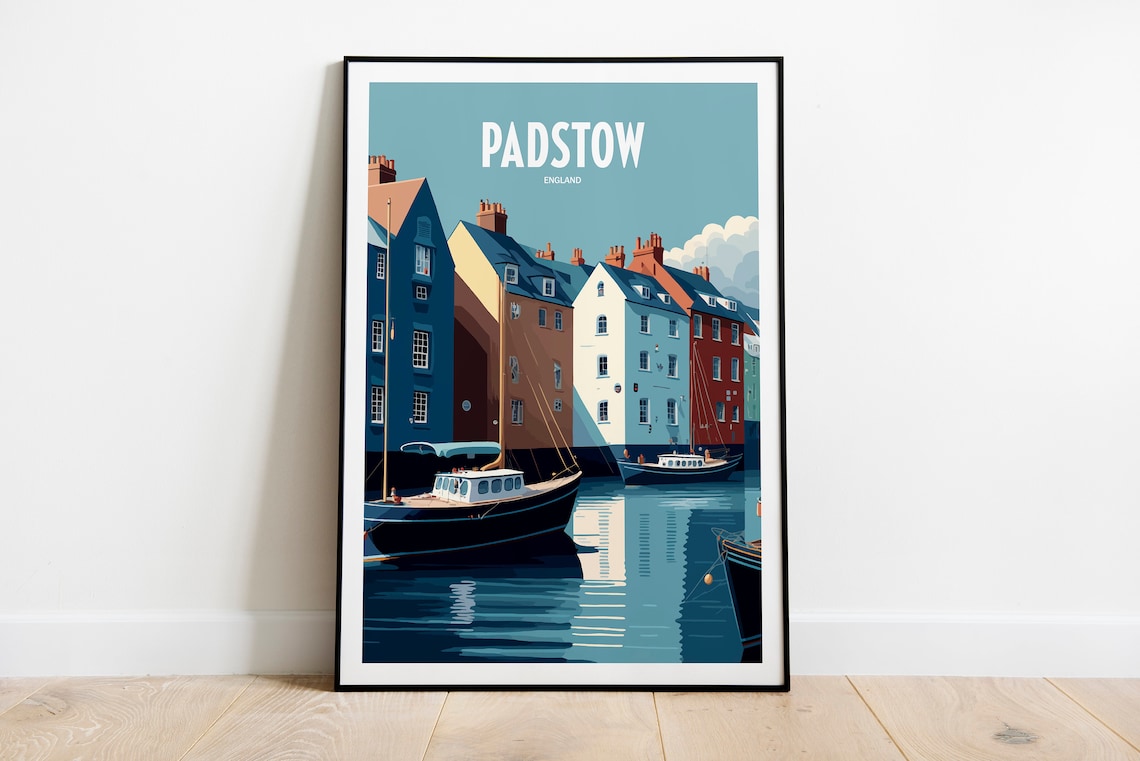 Padstow England Harbor Boats Colorful Houses Retro Travel Poster