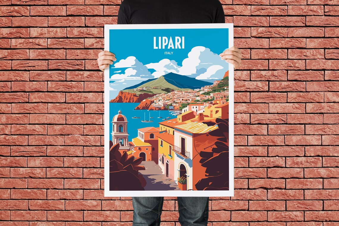 Lipari Italy Aeolian Island Harbor Sunset Retro Travel Poster - Image 2