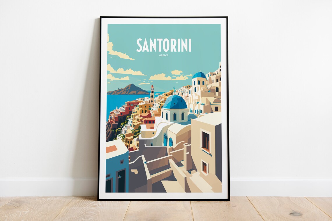 Santorini Greece Travel Poster, Seaside Landmark