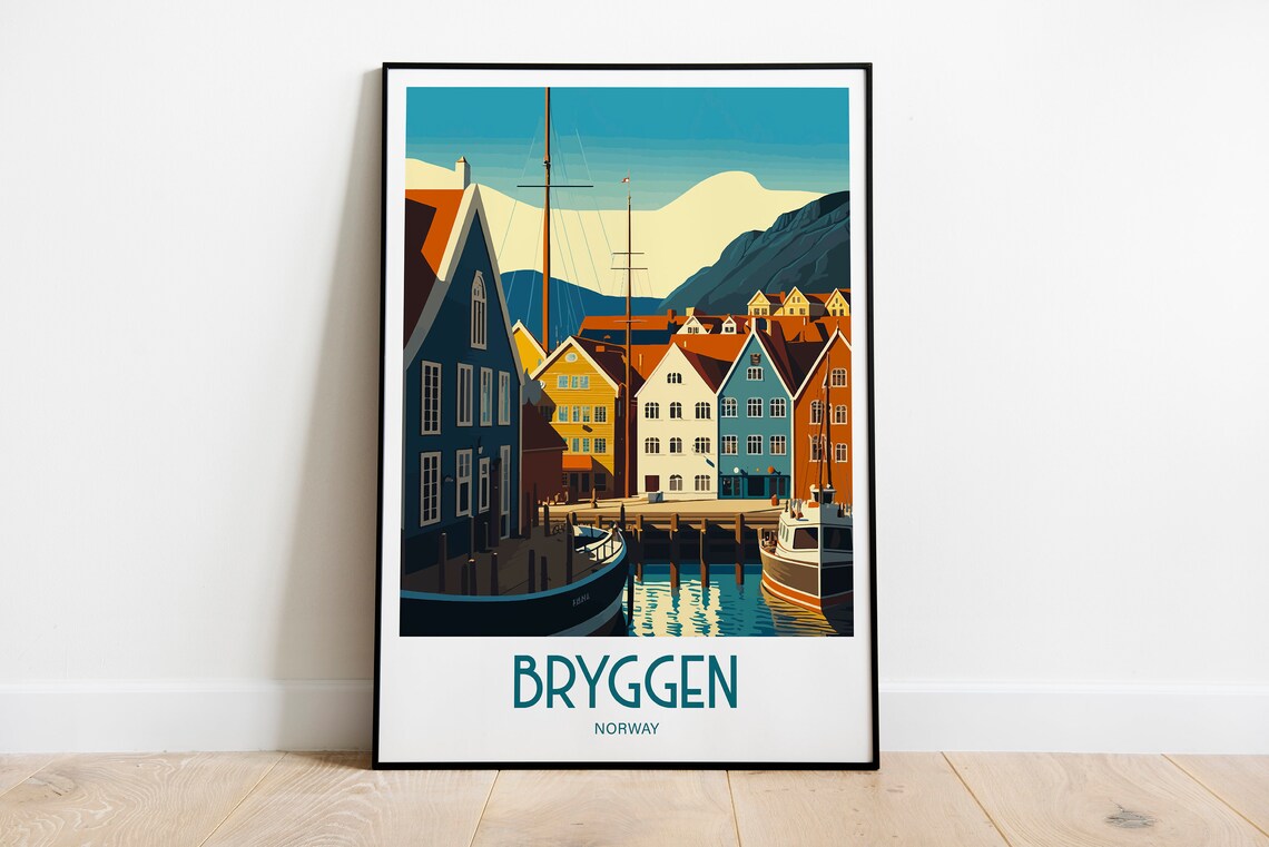 Bryggen Norway Travel Poster, Scenic Wall Art