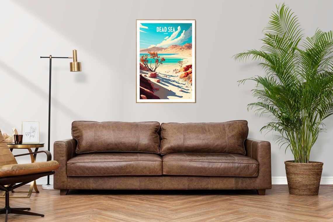 Vintage Dead Sea Israel Travel Poster Turquoise Shore Desert Art - Image 3
