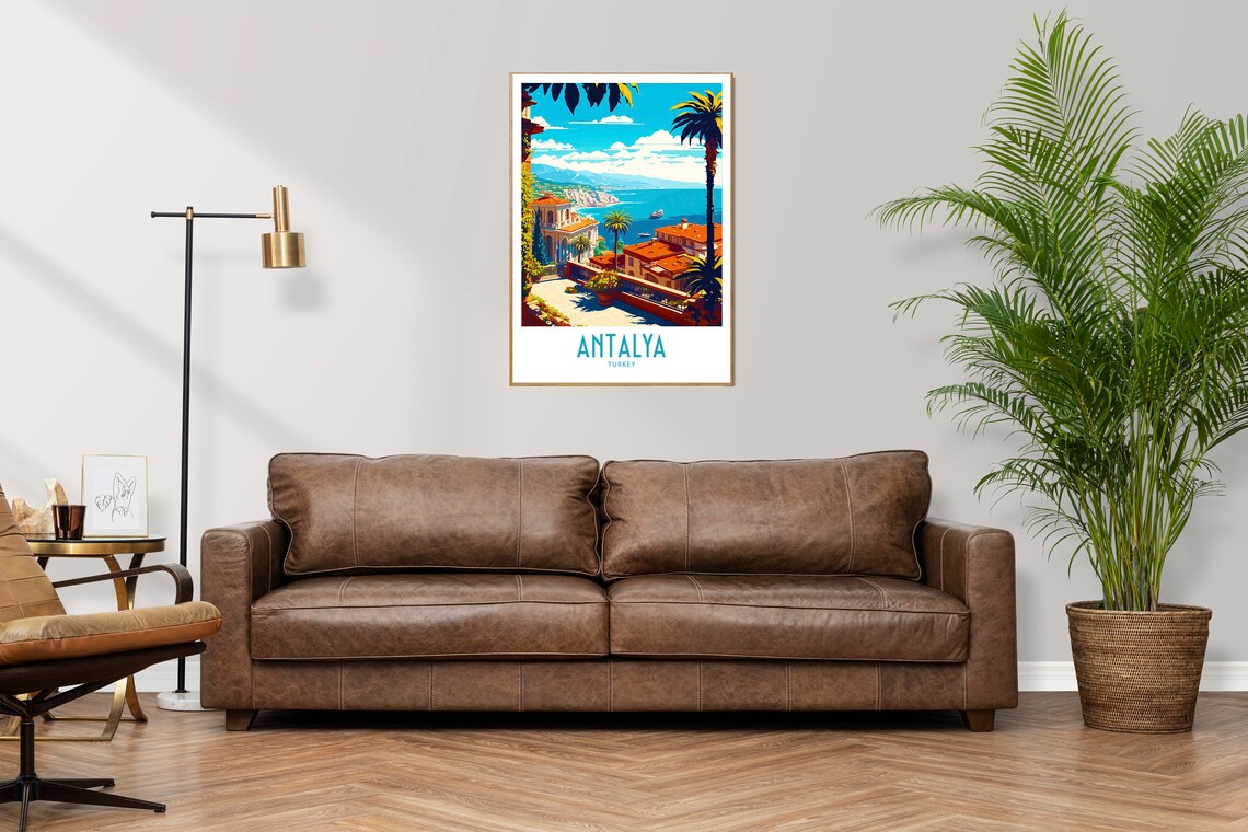 Antalya Turkey Seaside Terrace Bay Palms Vintage Travel Poster - Image 3