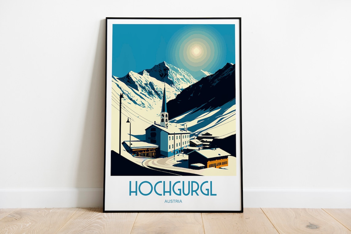 Hochgurgl Austria Alpine Village Travel Poster Snowy Mountain Art