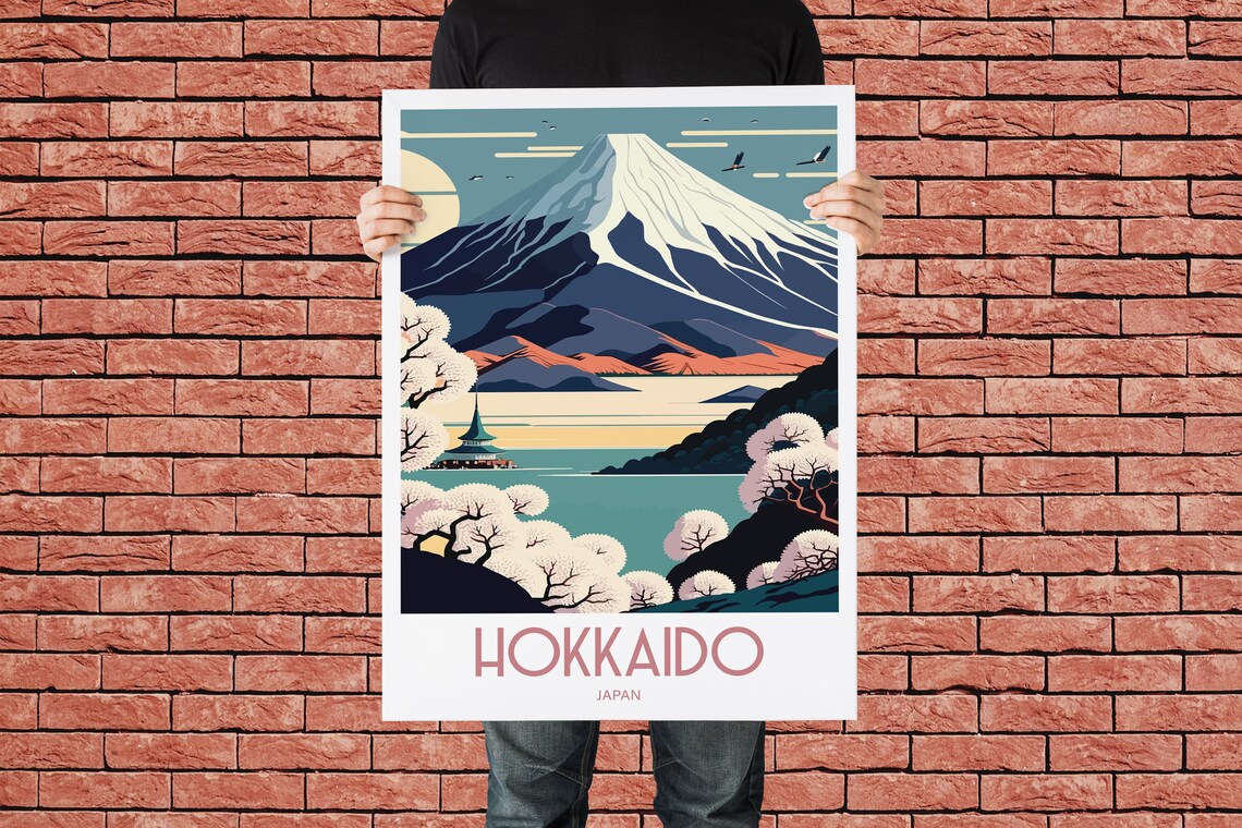 Hokkaido Japan Mount Fuji Cherry Blossom Pagoda Travel Poster - Image 3