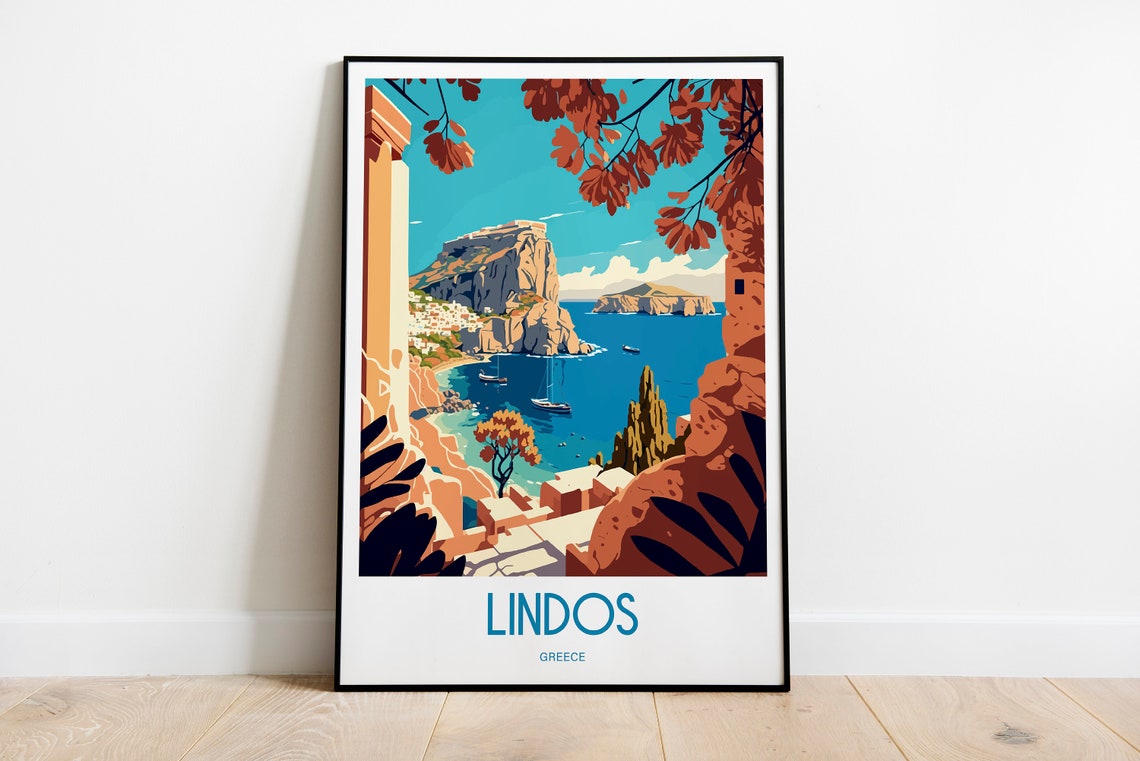 Lindos Rhodes Greek Island Acropolis Bay Vintage Travel Poster