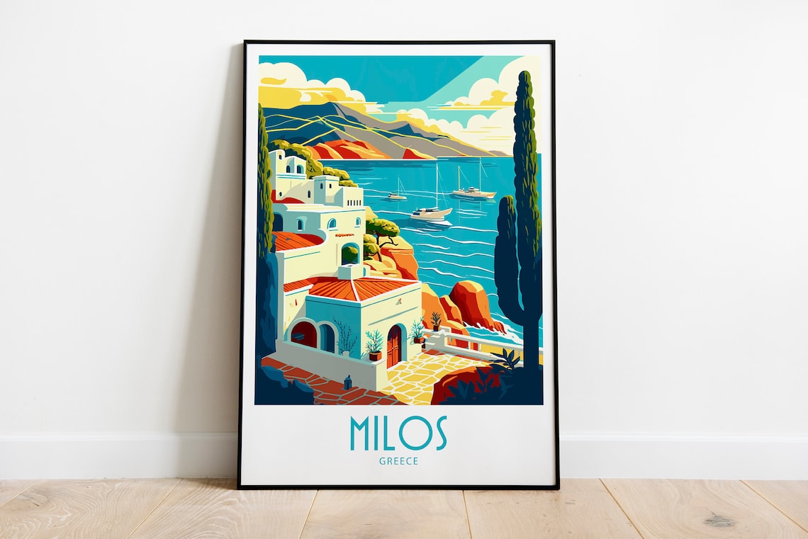 Milos Greece Coastal Village Sailboats Retro Travel Art Poster