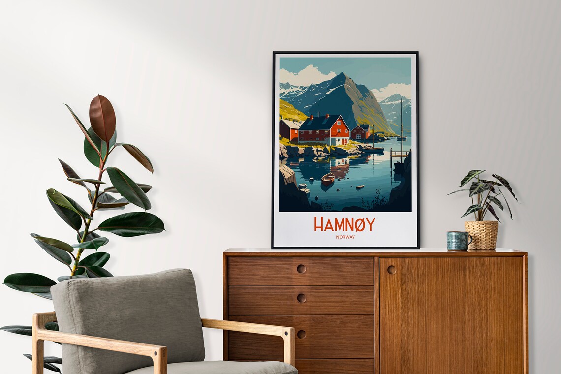 Hamnoy Norway Red Cabins Still Water Mountain Peaks Travel Poster - Image 4