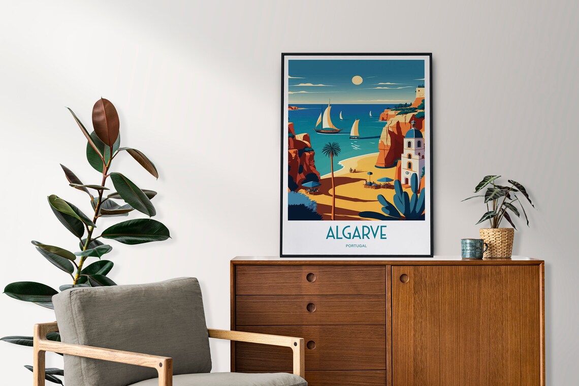 Algarve Portugal Golden Cliffs Beach Sailboats Travel Poster - Image 2