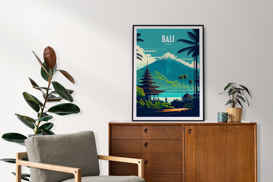 Bali Indonesia Retro Travel Poster with Temple and Volcano Views - Image 3