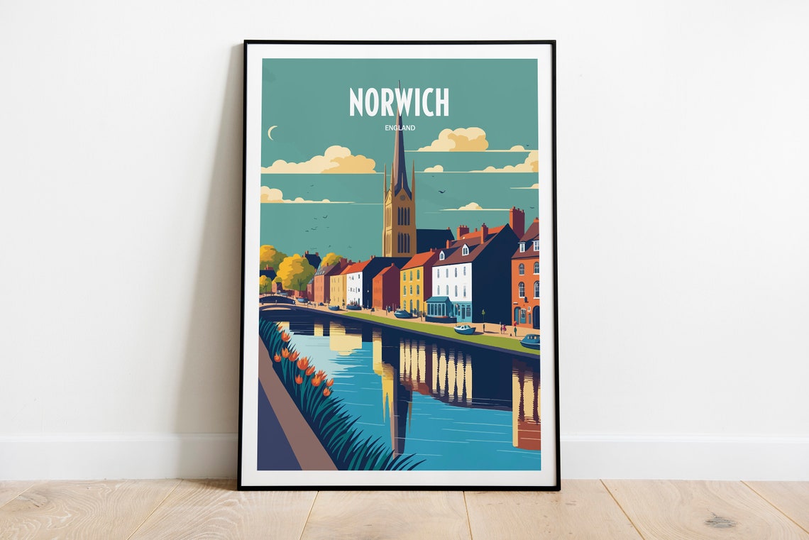Norwich England Riverside Cathedral Spire Vintage Travel Poster