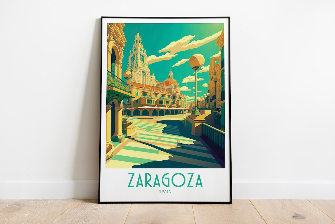 Zaragoza Spain Sunlit Plaza Clock Towers Vintage Travel Poster