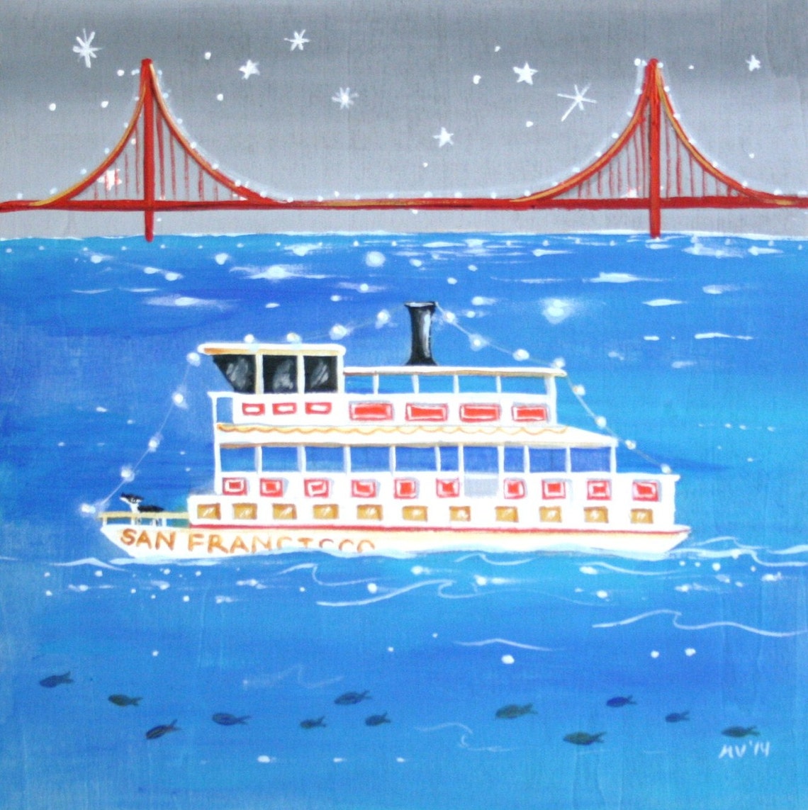 San Francisco Ferry Under Golden Gate Bridge Night Sail Art Poster