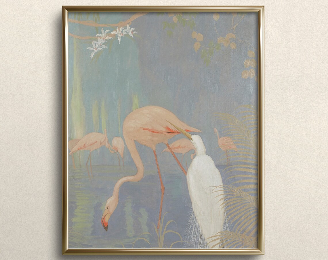 Egret and Flamingo Vintage Midcentury Art Print