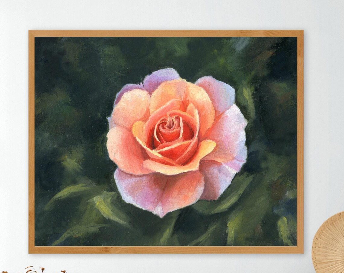 Delicate Peach Garden Rose in Full Bloom Oil Painting Floral Poster - Image 6