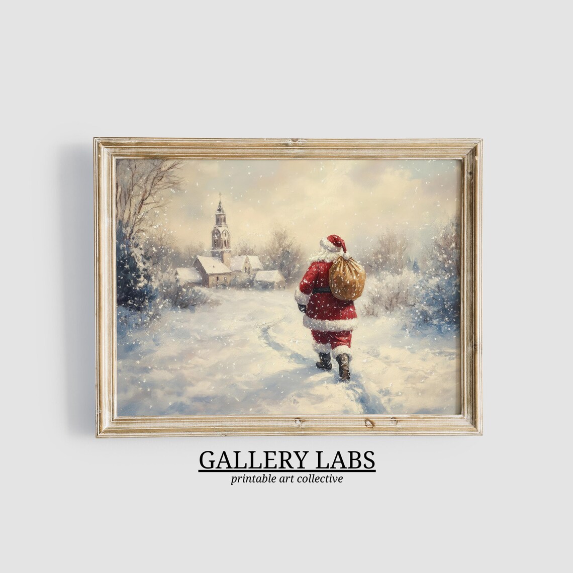 Santa Claus Snowy Woods Village Church Sack Christmas Art Poster