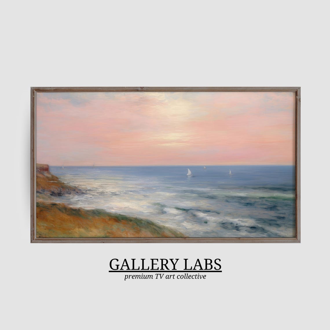 Pink Sunset Calm Sea Sailboats Horizon Golden Cliffs Seascape Poster - Image 3