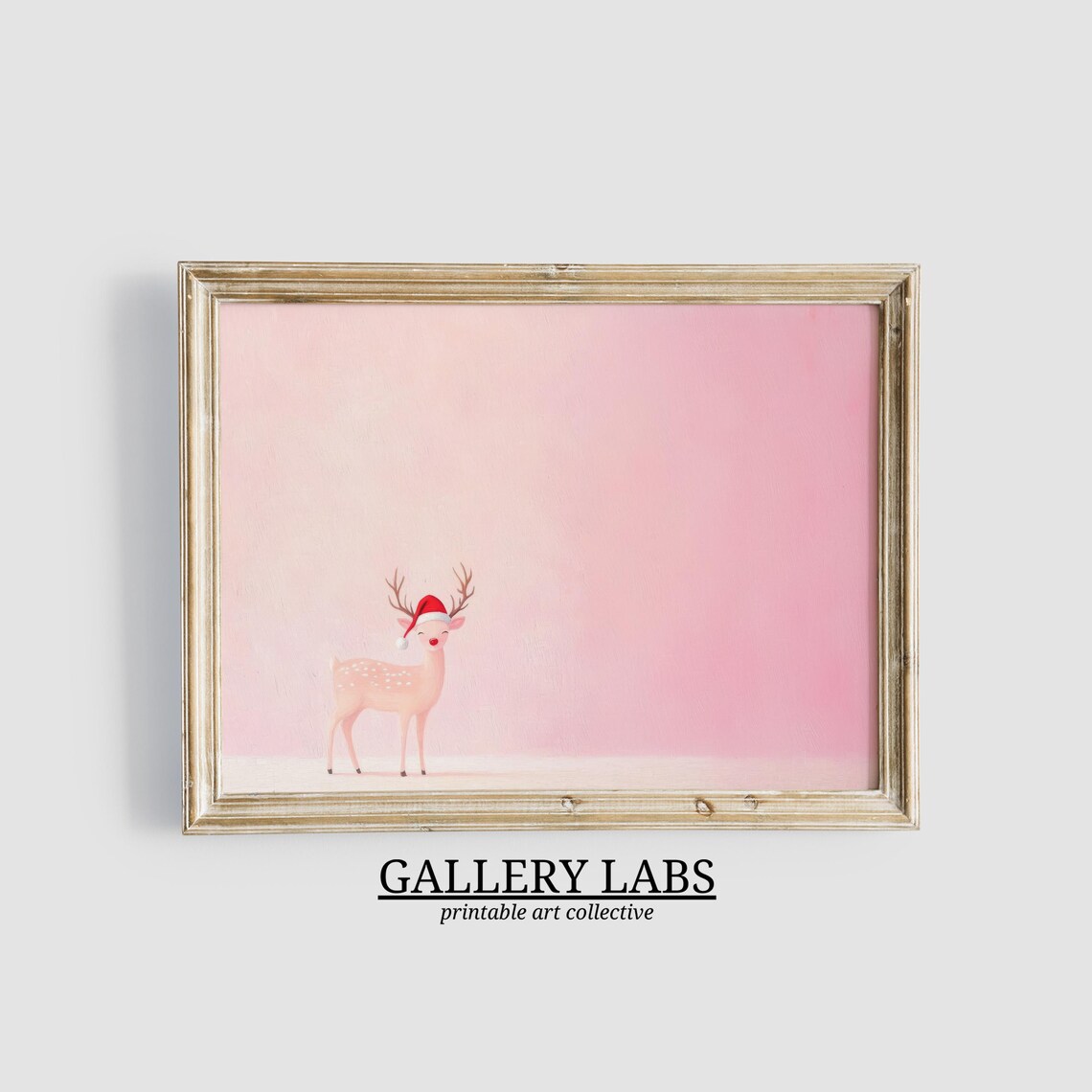 Pink Reindeer Santa Hat Minimalist Christmas Scene Wall Art Print