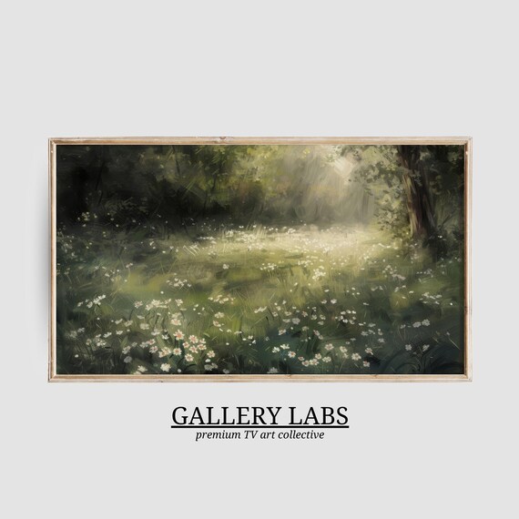 Moody Forest Wildflower Meadow Daisy Painting Dark Green Vintage Wall Art Poster