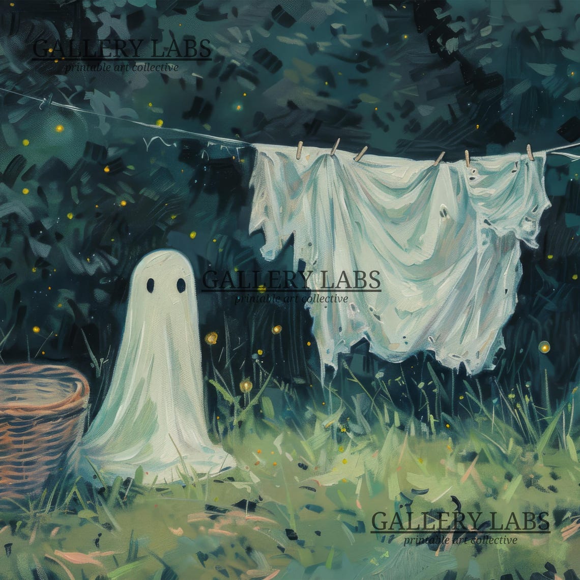 Cute Ghost Hanging Laundry Night Fireflies Spooky Halloween Art Poster - Image 4