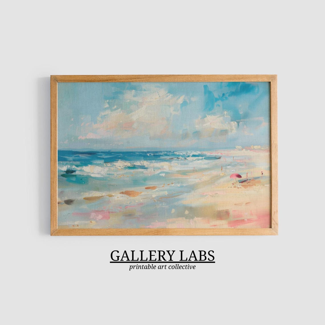 Pastel Beach Waves With Pink Umbrella Abstract Coastal Poster - Image 3