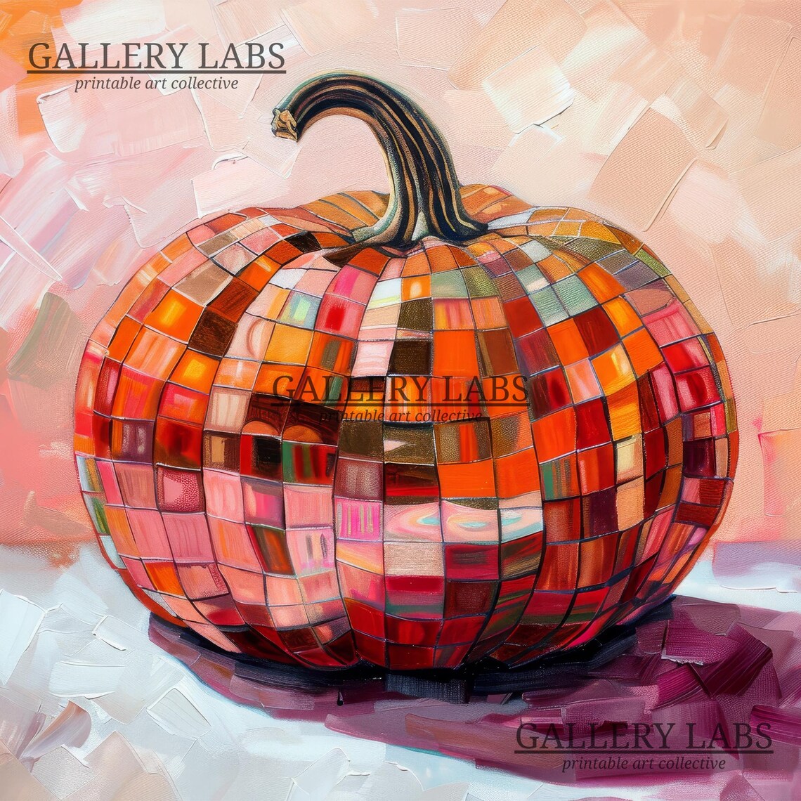 Disco Ball Pumpkin Mosaic Tiles Peach Background Fall Painting Poster - Image 4
