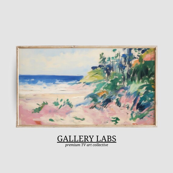 Abstract Pink Beach Dune Grass Blue Ocean Bold Brushstrokes Wall Art