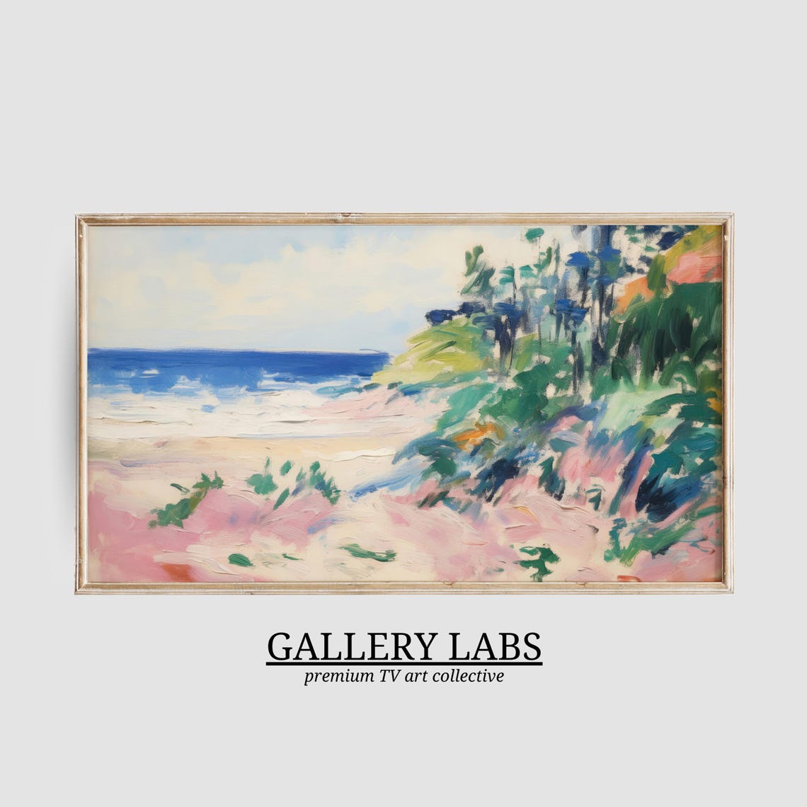 Abstract Pink Beach Dune Grass Blue Ocean Bold Brushstrokes Wall Art