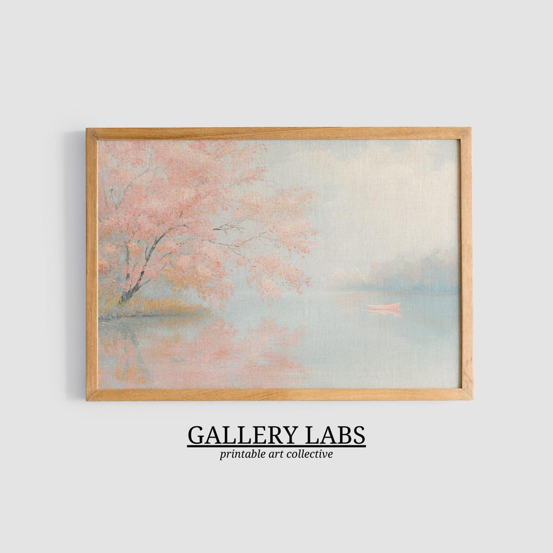 Pink Autumn Pond Blossom Trees Misty Lake Scene Wall Art Print - Image 3