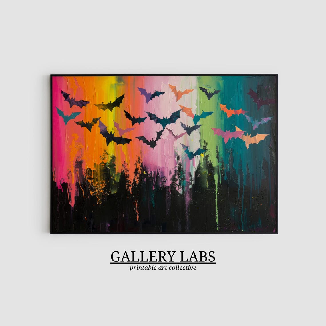 Colorful Bats Flying Drippy Neon Night Sky Halloween Painting Poster - Image 2
