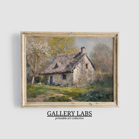 Old Stone Cottage with Blooming Tree Spring Country Art Print